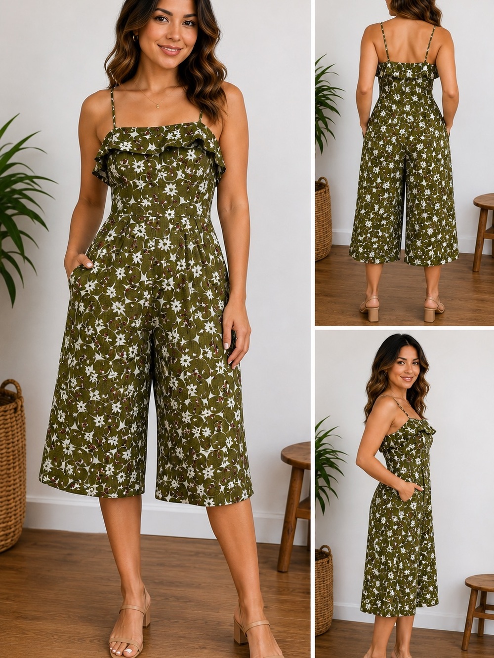 Unique Vintage Olive Green Floral Ruffle Jumpsuit